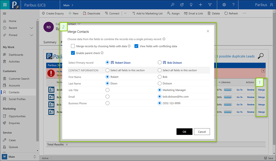 Dynamics 365 Paribus Duplicate Detection - Merge